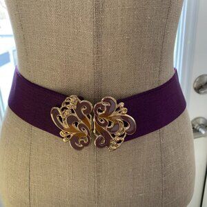 Vintage Wide Statement Cinch Waist Belt M Purple Elastic Gold Glam Buckle 80s